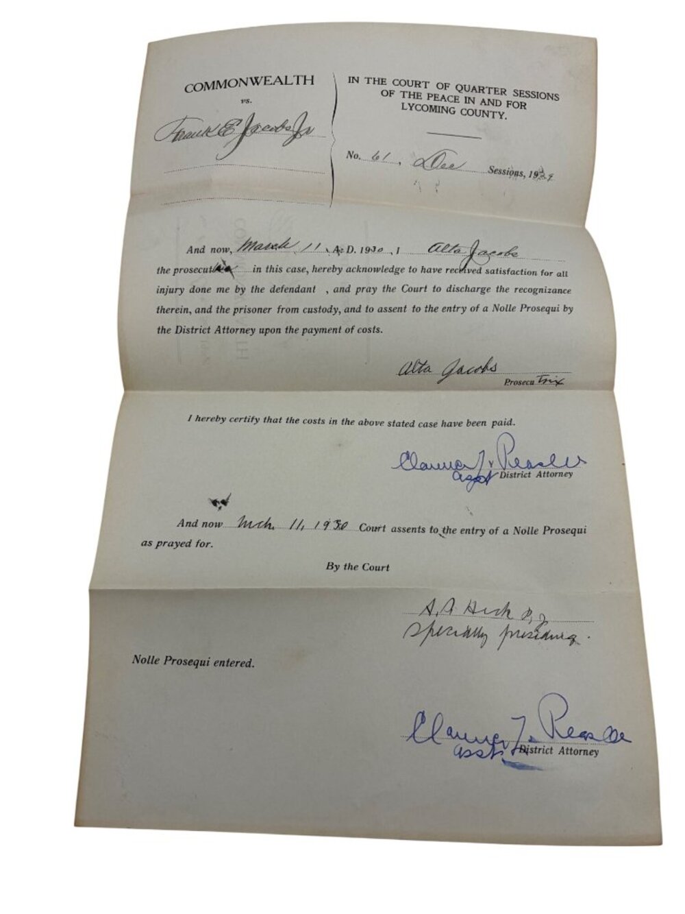 1929 PA Court Case File Desertion Non Support Nolle Prosequi Jacobs Lycoming - Picture 3 of 9
